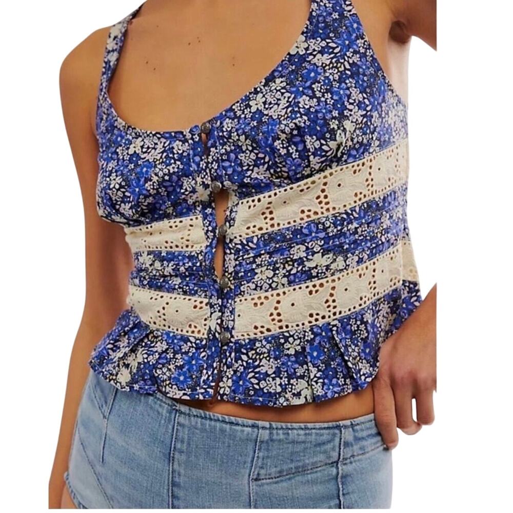 Free People Kiana Eyelet Floral Lace Peplum Camisole Top, Blue, Women's Large